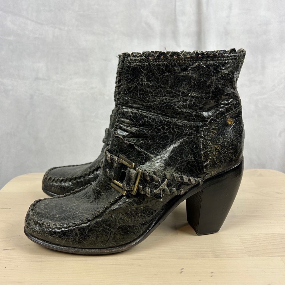 ORESTE MECHERI Textured Leather Heeled Ankle Boots Size 6/37 Grey Green Unique